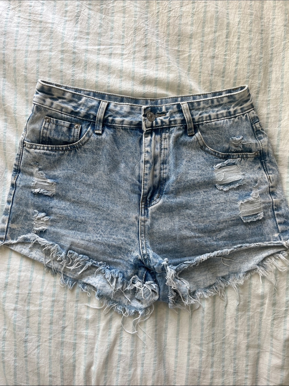 Light Blue Distressed High-Rise Denim Shorts